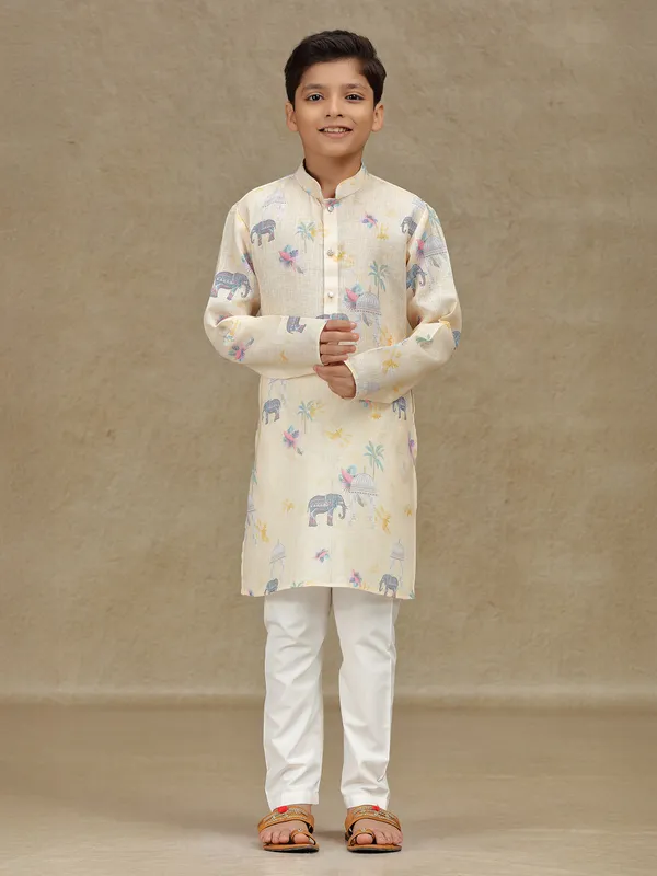 Beige cotton printed kurta suit for boys