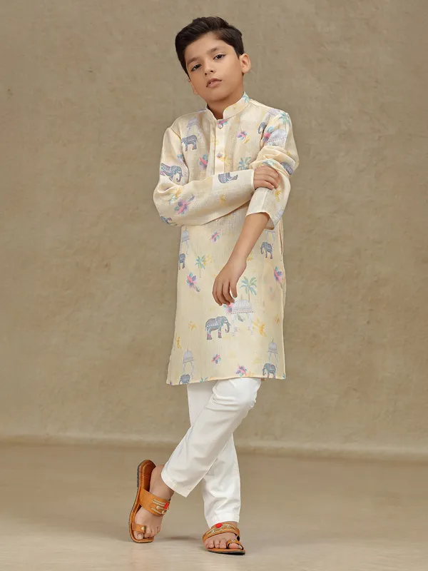 Beige cotton printed kurta suit for boys