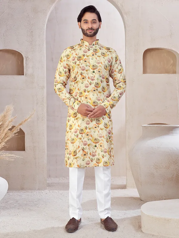Beige cotton printed kurta suit for festival