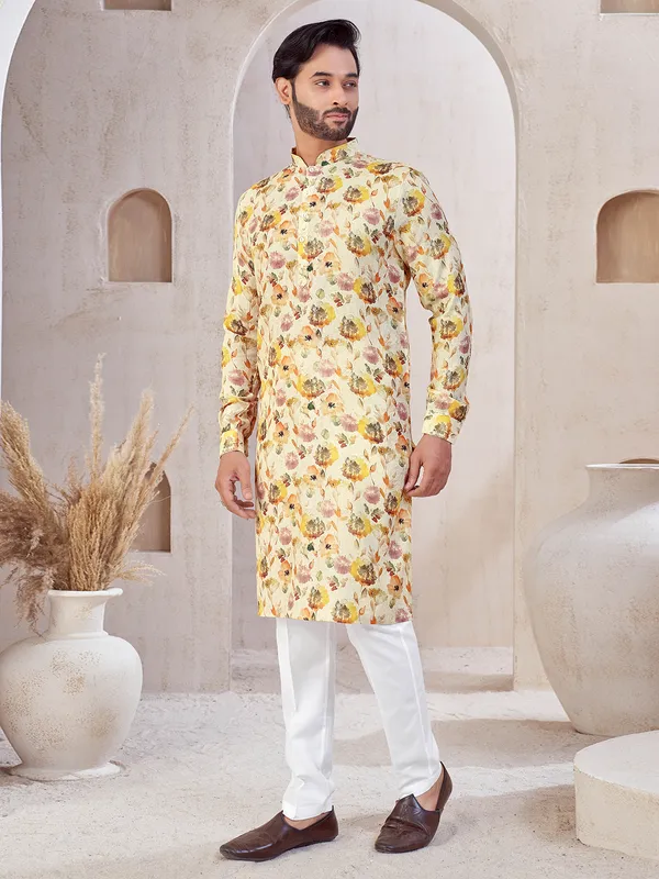 Beige cotton printed kurta suit for festival
