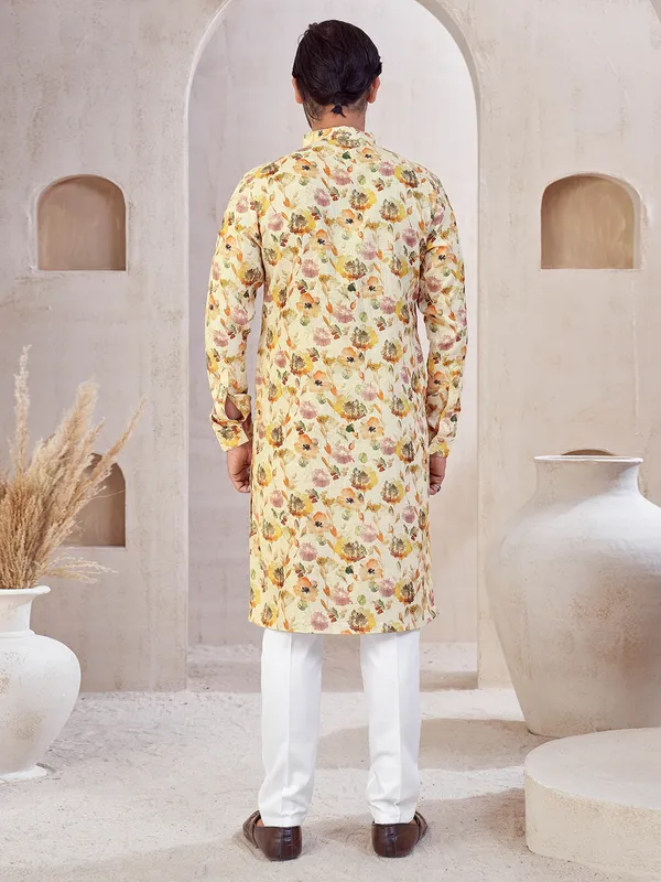 Beige cotton printed kurta suit for festival
