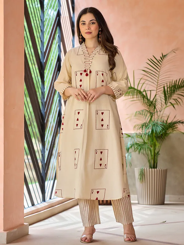 Beige cotton printed kurti set casual wear