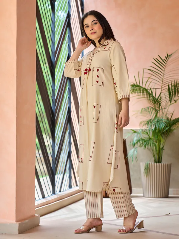 Beige cotton printed kurti set casual wear