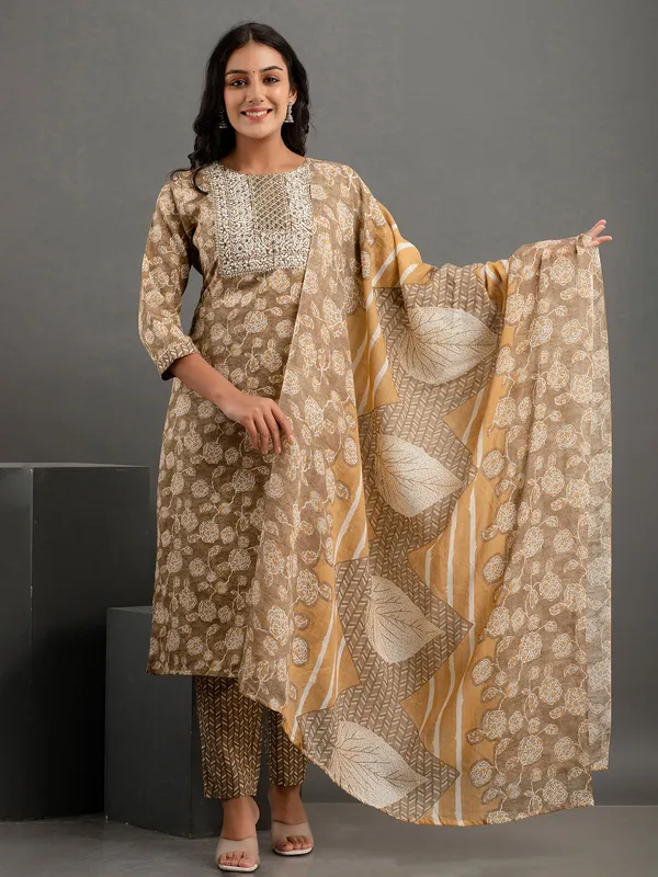 Beige cotton printed kurti set with dupatta