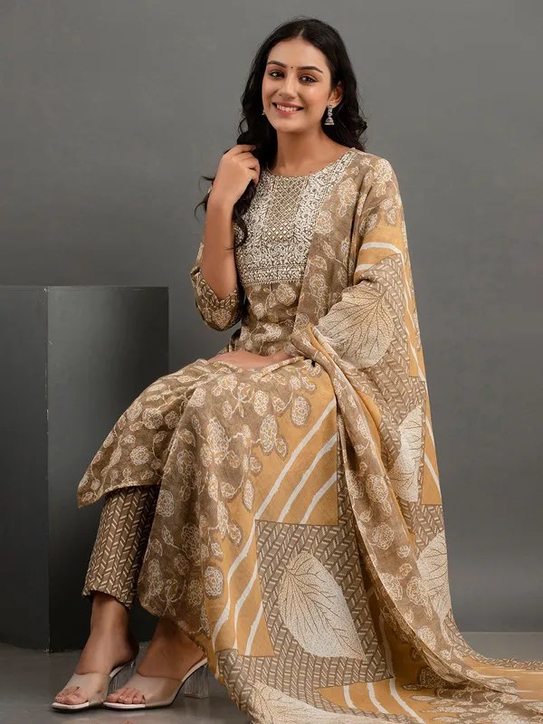 Beige cotton printed kurti set with dupatta