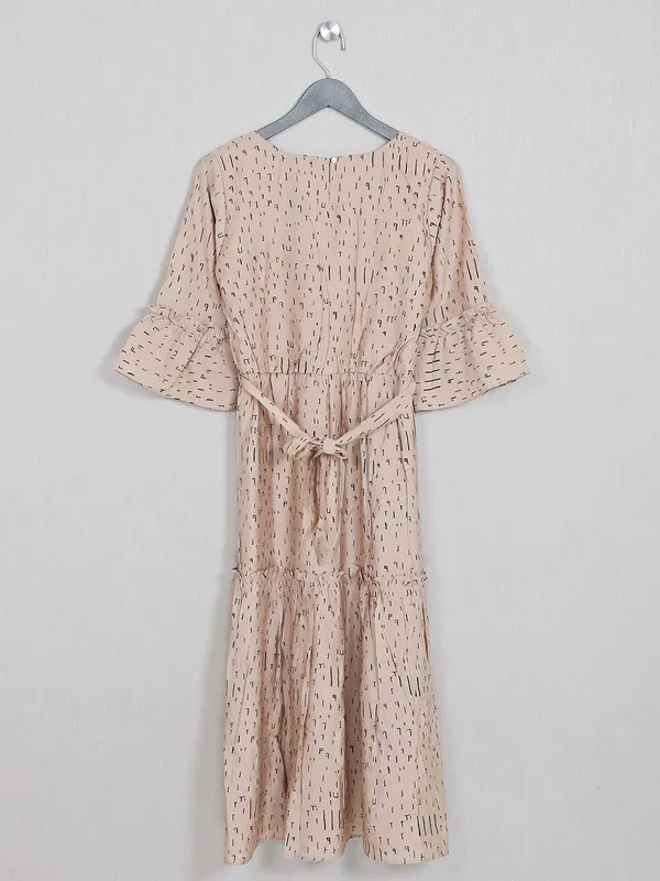 Beige cotton printed top with thread work