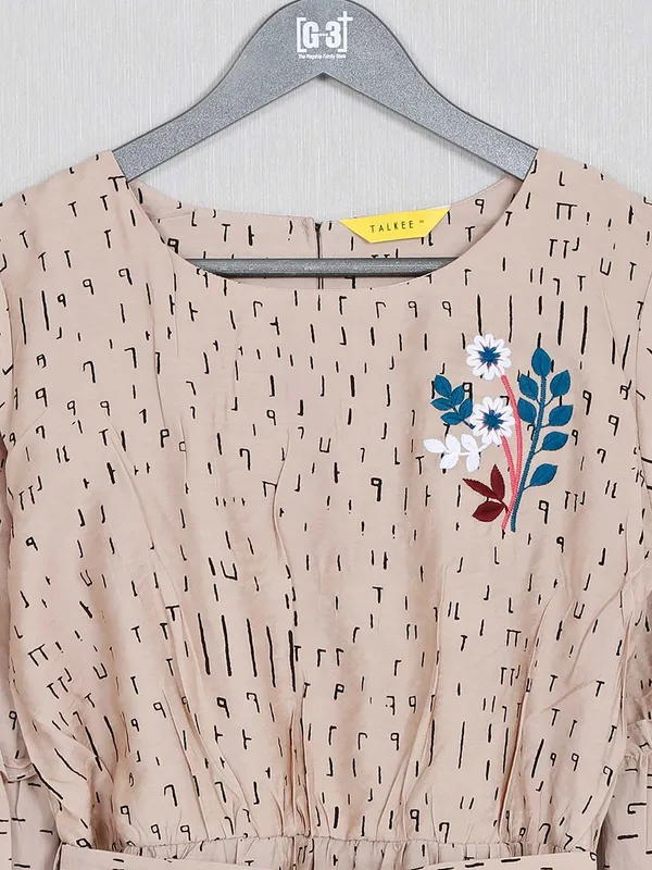 Beige cotton printed top with thread work