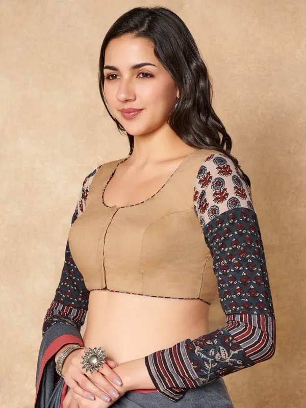 Beige cotton ready made blouse with printed sleeves