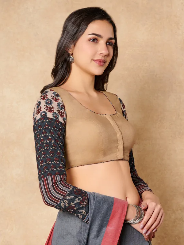 Beige cotton ready made blouse with printed sleeves