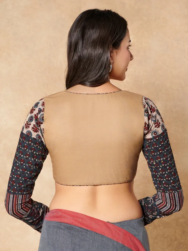 Beige cotton ready made blouse with printed sleeves