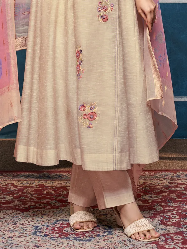 Beige cotton silk embroidered festive salwar suit