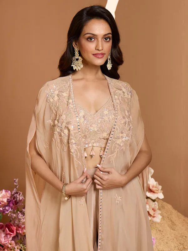 Beige cotton silk festive wear designer palazzo suit