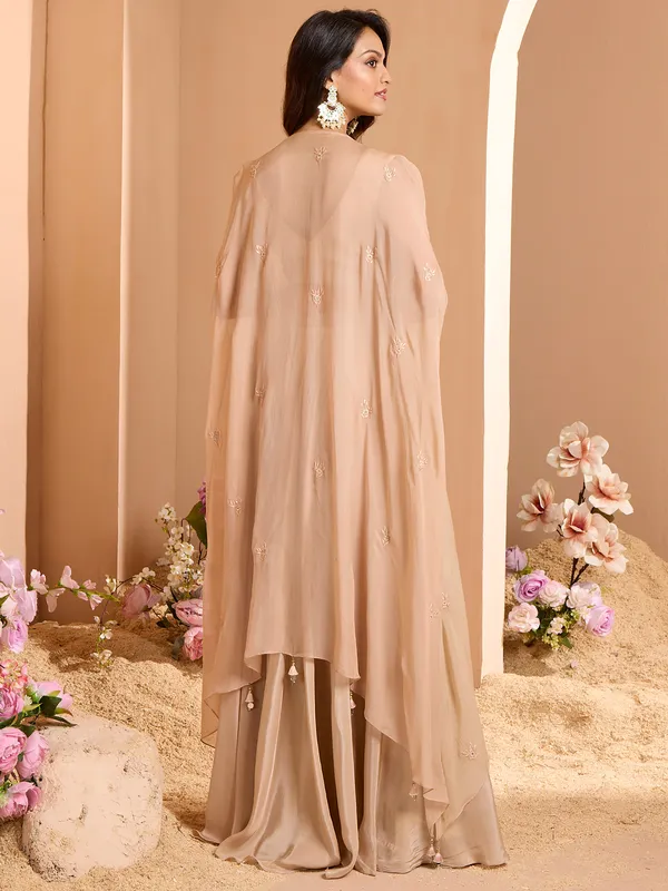 Beige cotton silk festive wear designer palazzo suit