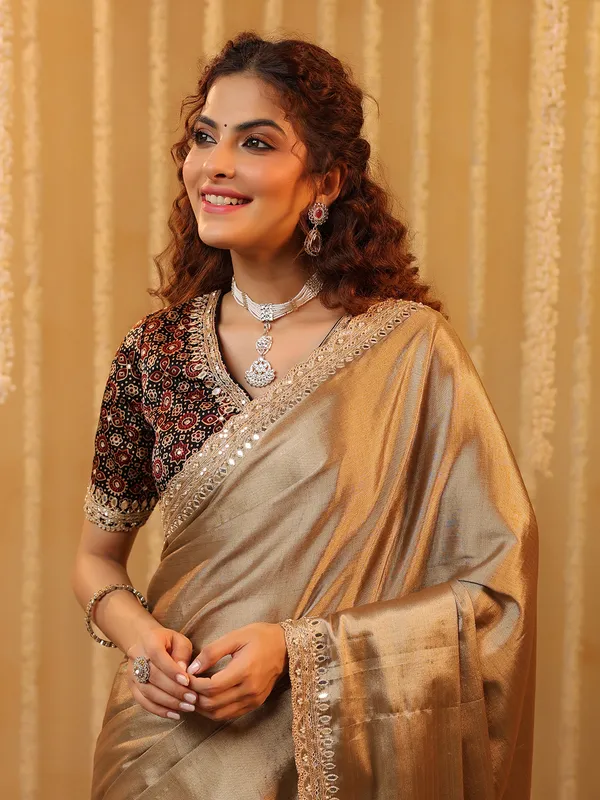 Beige cotton silk festive wear saree for women