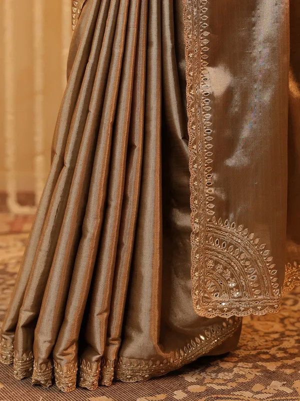 Beige cotton silk festive wear saree for women