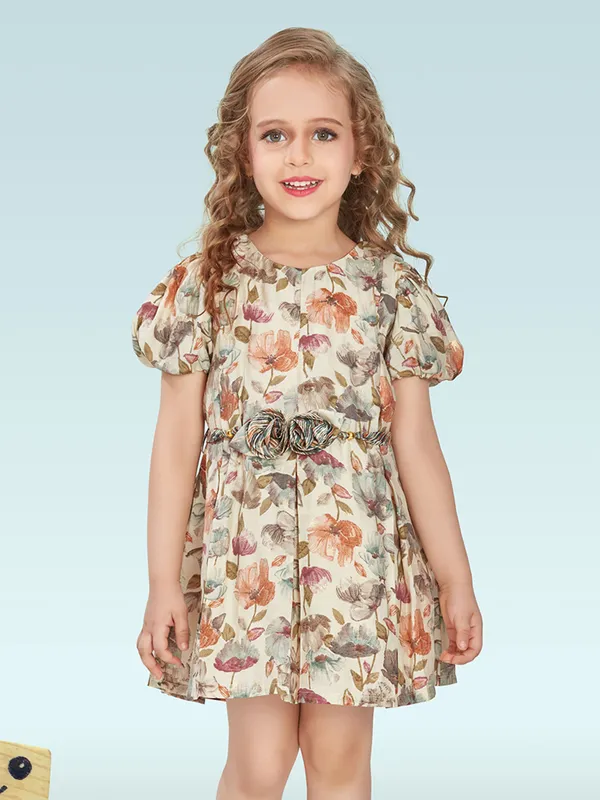 Beige cotton silk floral printed frock