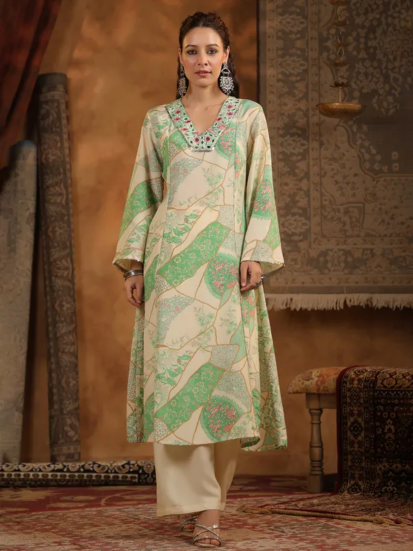 Beige cotton silk kurti set for women