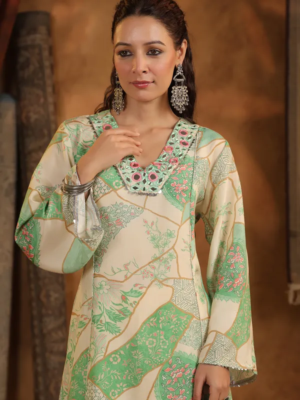 Beige cotton silk kurti set for women