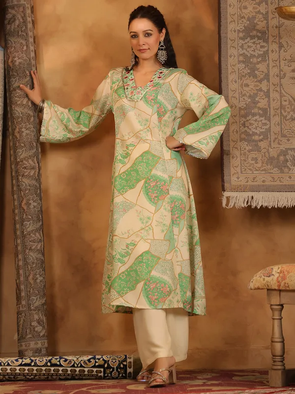 Beige cotton silk kurti set for women