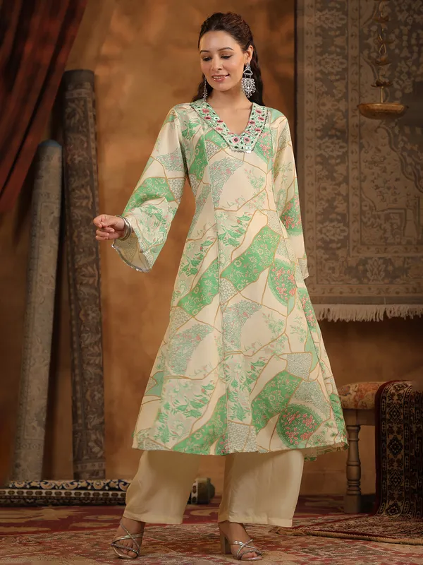 Beige cotton silk kurti set for women