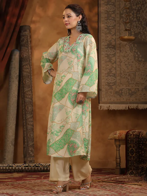 Beige cotton silk kurti set for women