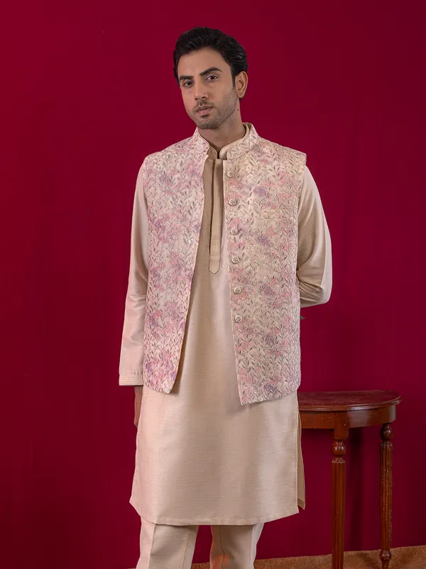 Beige cotton silk men waistcoat set with resham work