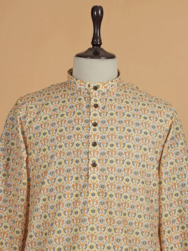 Beige cotton silk printed kurta suit for festive