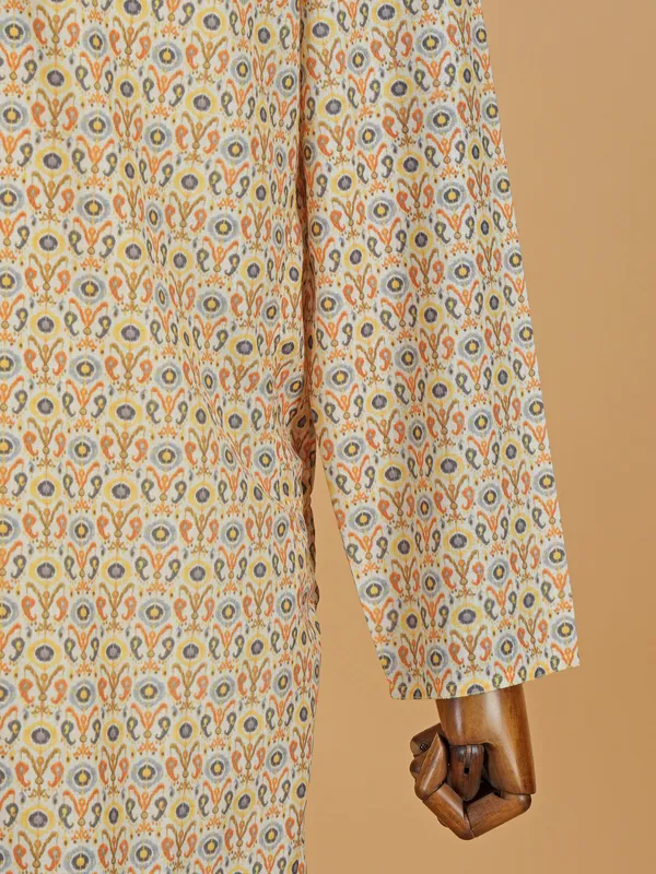 Beige cotton silk printed kurta suit for festive
