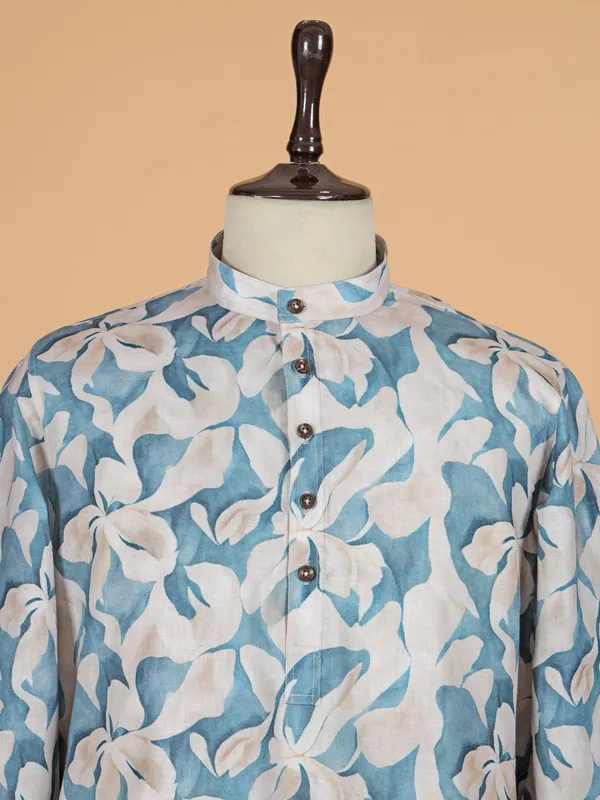 Beige cotton silk printed kurta suit for men