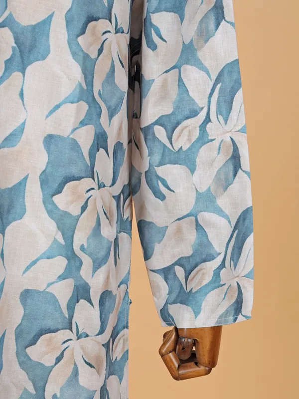 Beige cotton silk printed kurta suit for men