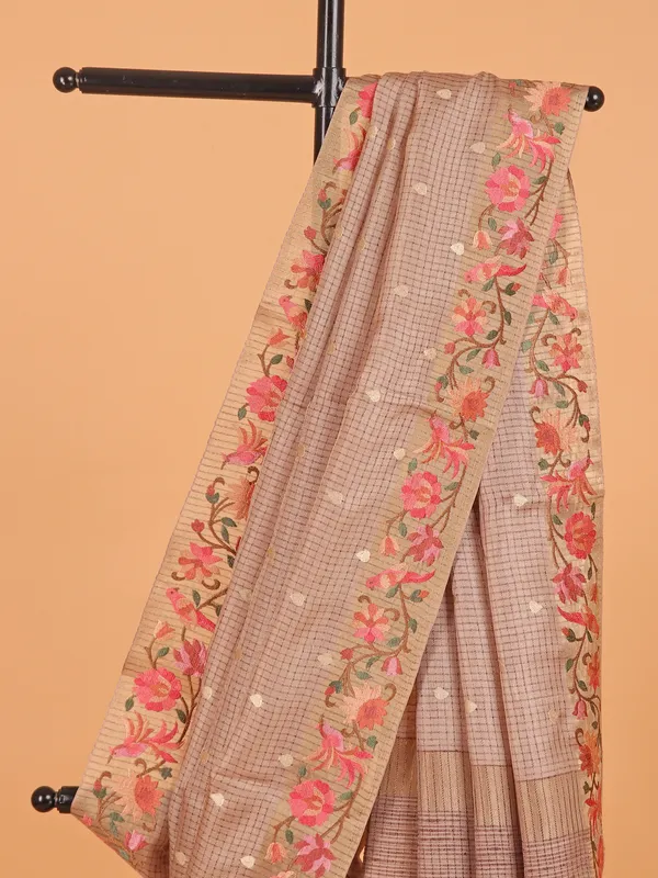 Beige cotton silk printed saree for women