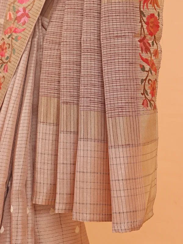Beige cotton silk printed saree for women