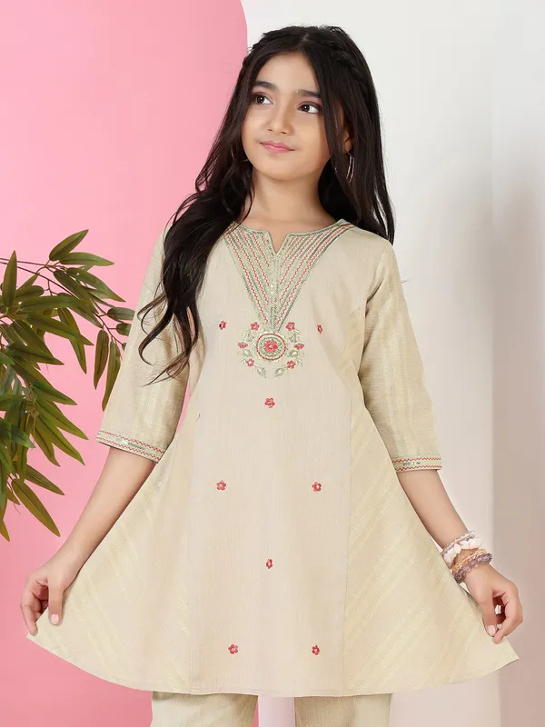 Beige cotton silk salwar suit for girls