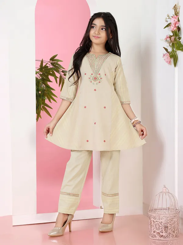 Beige cotton silk salwar suit for girls