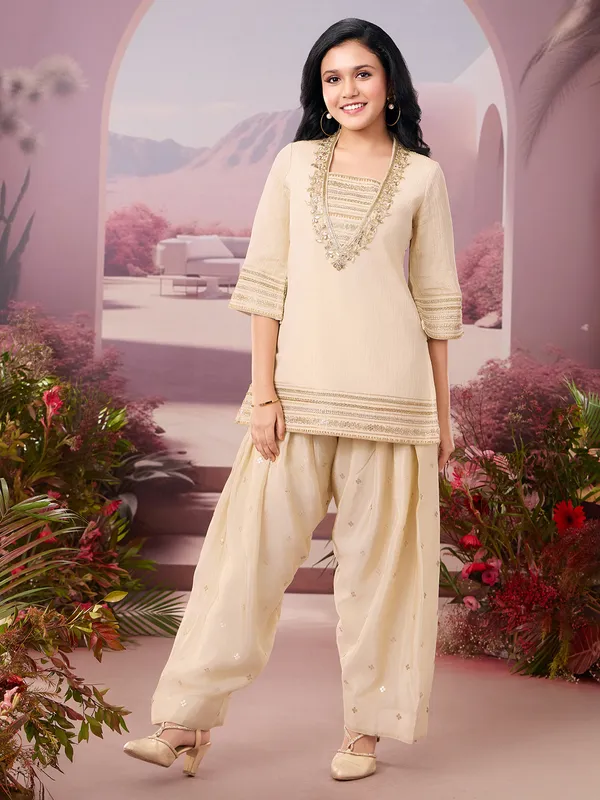 Beige cotton silk salwar suit for girls festive wear