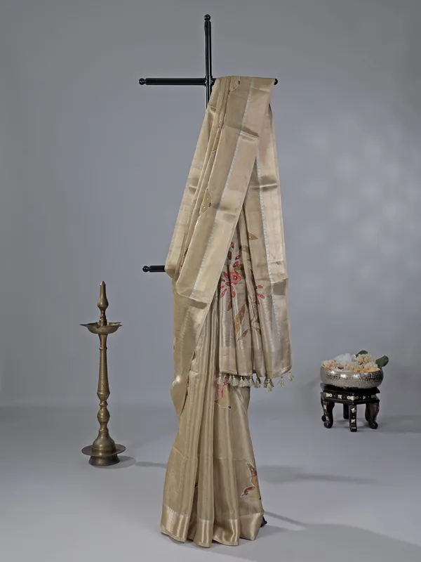 Beige cotton silk saree with festive detailing