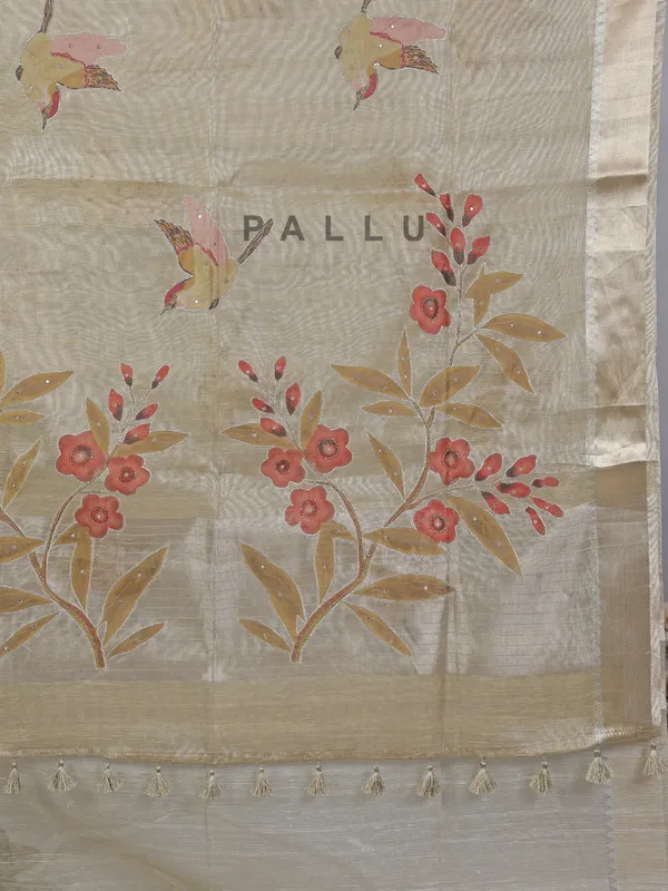 Beige cotton silk saree with festive detailing