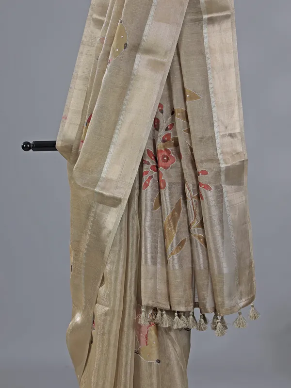 Beige cotton silk saree with festive detailing