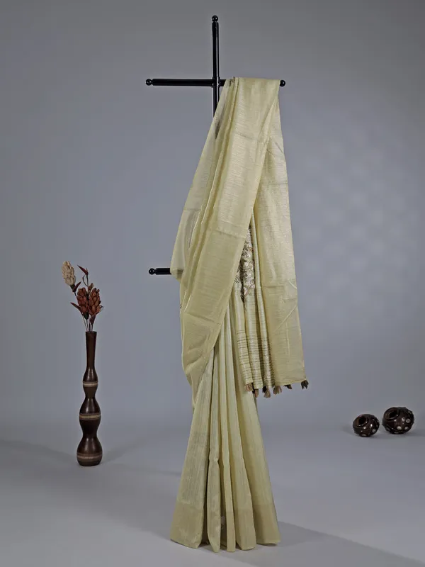 Beige cotton silk saree with thread work