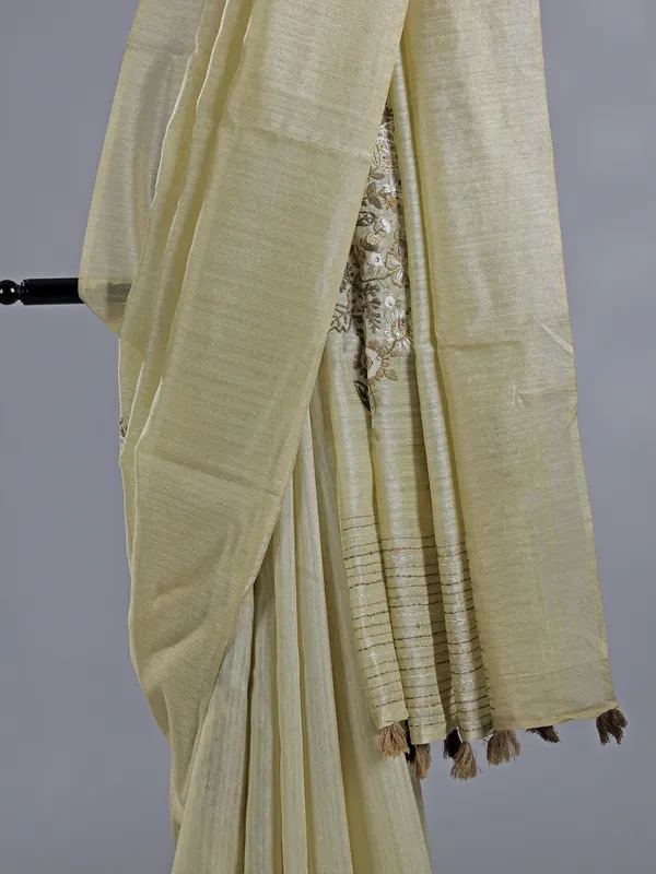 Beige cotton silk saree with thread work