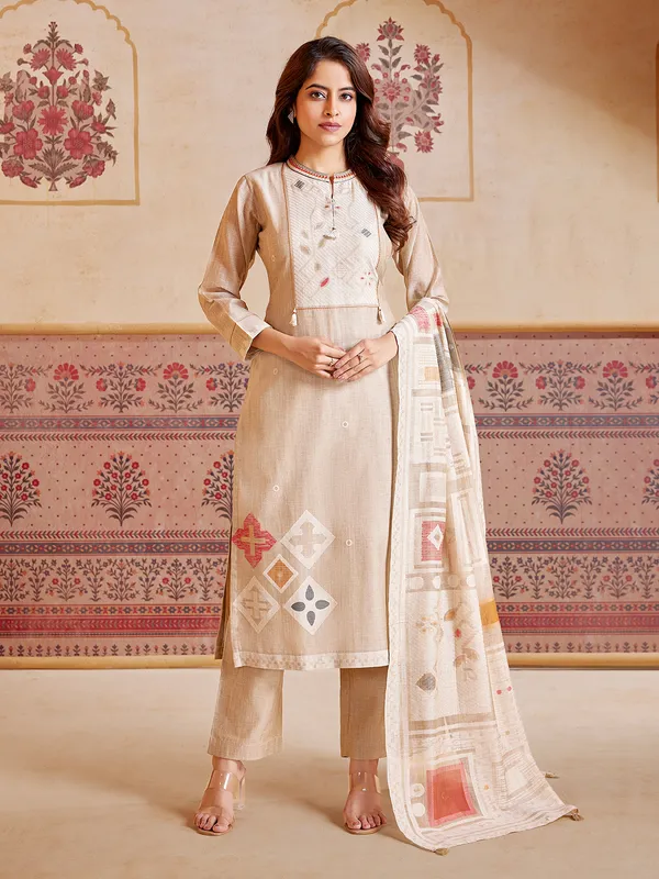 Beige cotton silk sequins work salwar suit