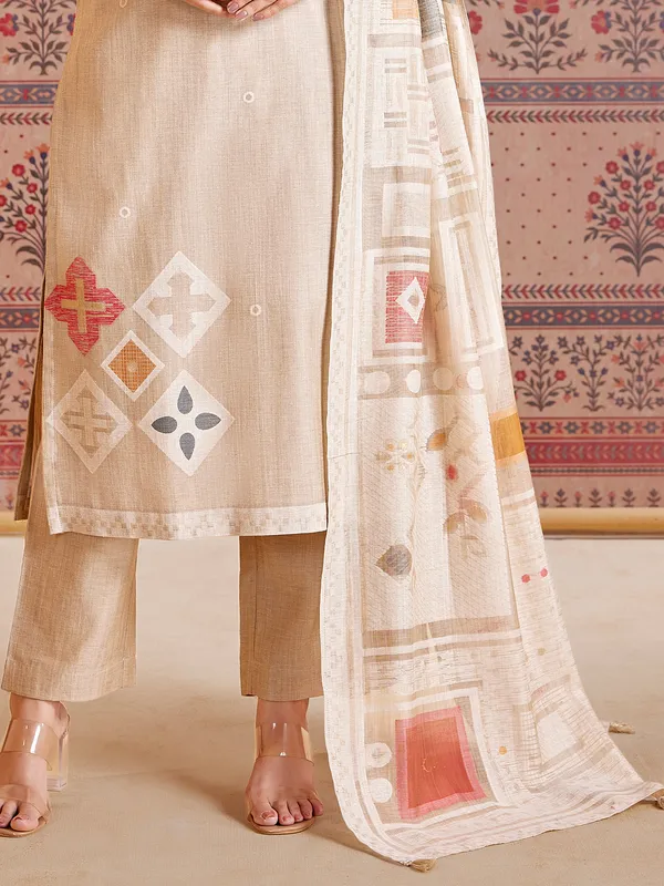 Beige cotton silk sequins work salwar suit