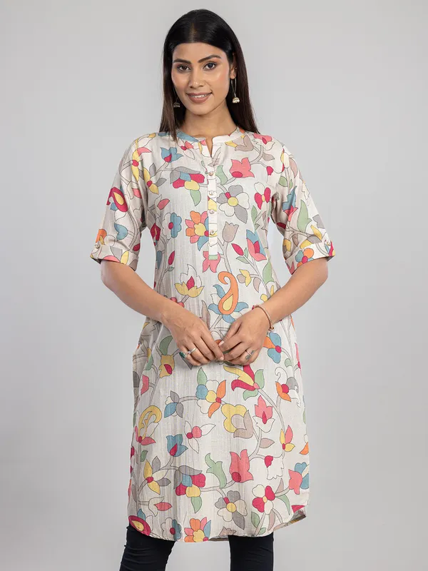 Beige cotton silk women kurti with print