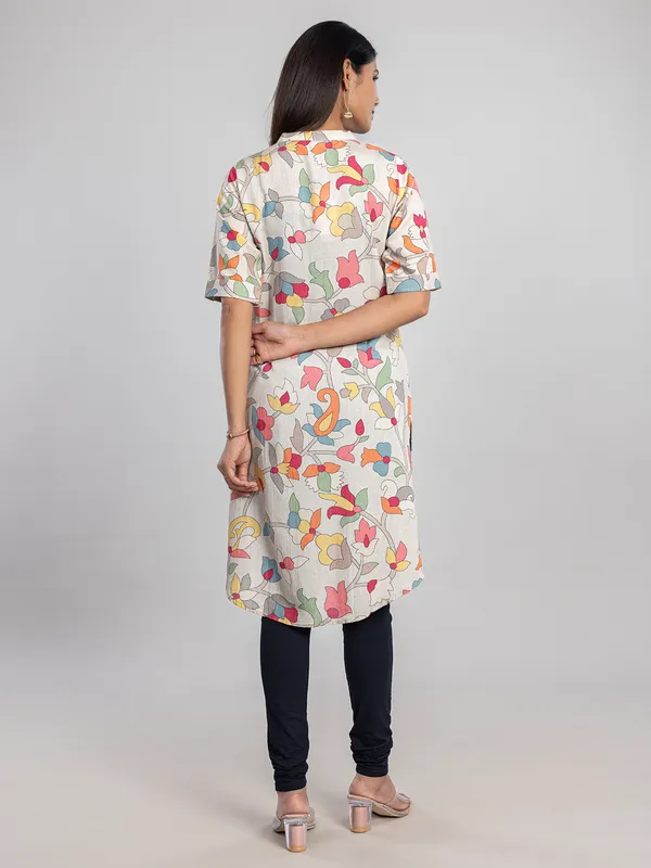 Beige cotton silk women kurti with print