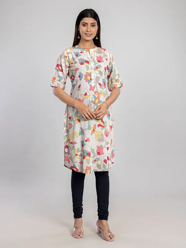 Beige cotton silk women kurti with print