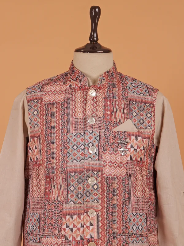 Beige cotton waistcoat set for men