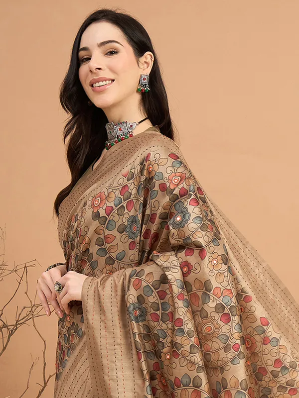 Beige cozi silk saree with aesthetic print pattern