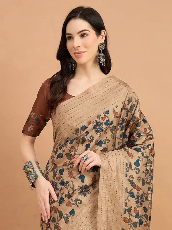 Beige cozi silk saree with thread work