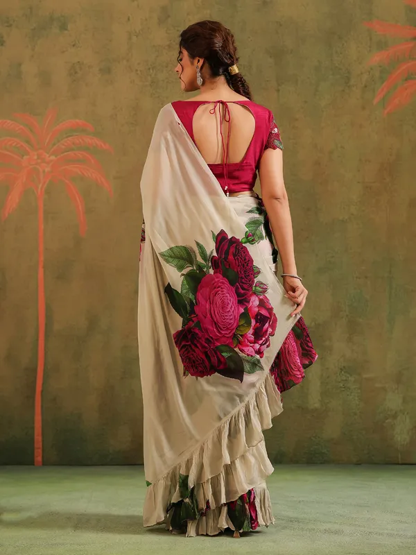 Beige crepe georgette saree for festive look