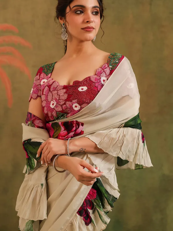 Beige crepe georgette saree for festive look